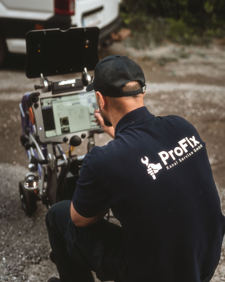 Techniker von ProFix von hinten am Kamerawagen, mit Firmenlogo auf dem Rücken